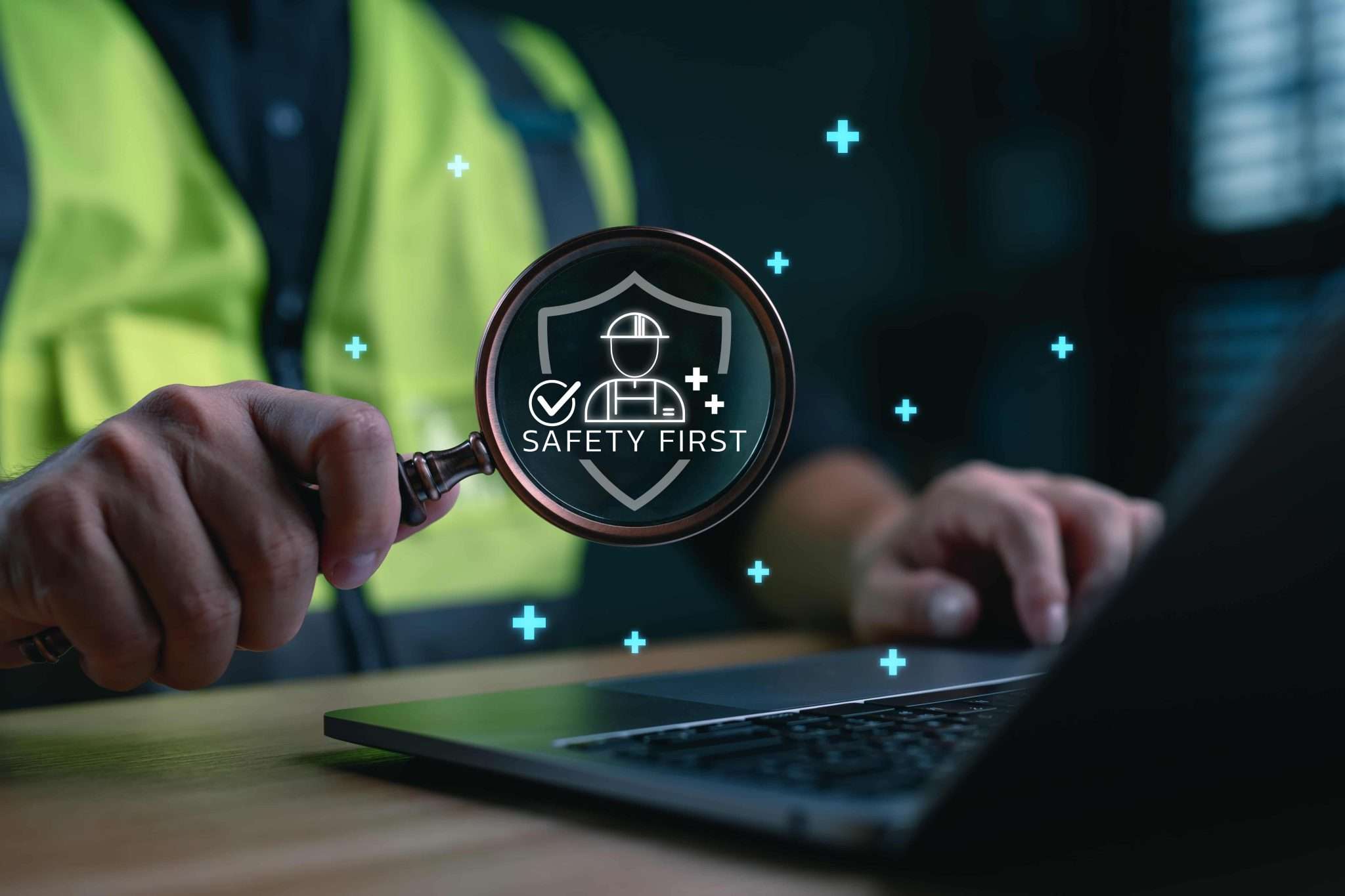 Person in a hi-vis sat at a desk on a laptop