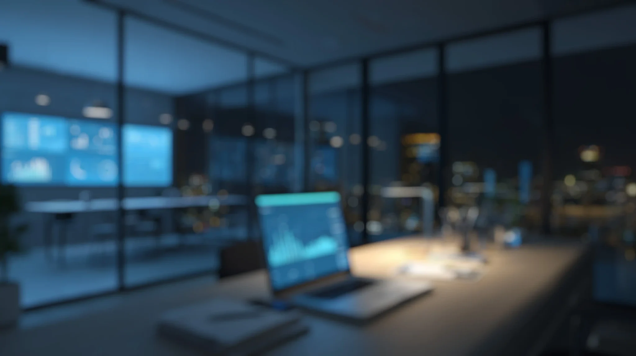 Laptop in a dark office room , blurred concept.
